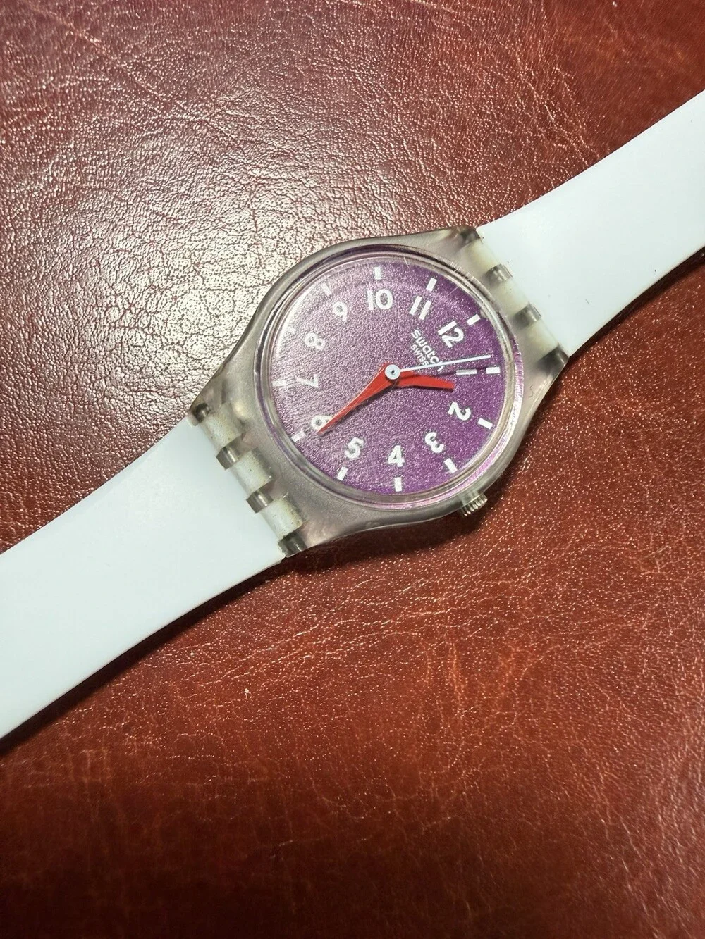 Swatch Swiss Quartz Watch Purple Dial White Strap Clear Case Y2K Needs Battery